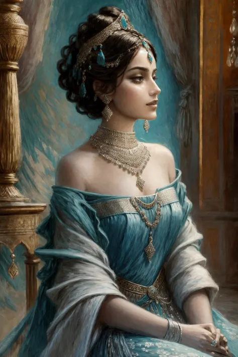 cinematic over the shoulder shot  of 1 Persian princess, smile,    cyan royal clothing ,off the shoulder, heavy  makeups , jewelries,  sitting in the palace,  crossed legs,
 impression, abstract, (oil painting by monet) drybrush, negative space, 
 <lora:Romulo Royo and Woman v.2:0.7> <lora:add_detail:1>