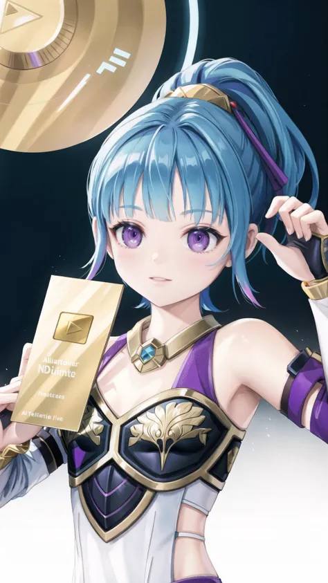 <lora:Ailish:0.8> ailish, purple eyes, ponytail, short hair, blue hair <lora:add_detail:0.3> BREAK, dynamic pose, <lora:YoutubeCreatorAward:0.8> IncrsYTCreatorAward, holding, masterpiece, best quality, extremely detailed, highly quality, 4k, sharp focus, professional, sharp focus, award winning, cinematic lighting, octane render, unreal engine, volumetrics dtx, Wallpaper,