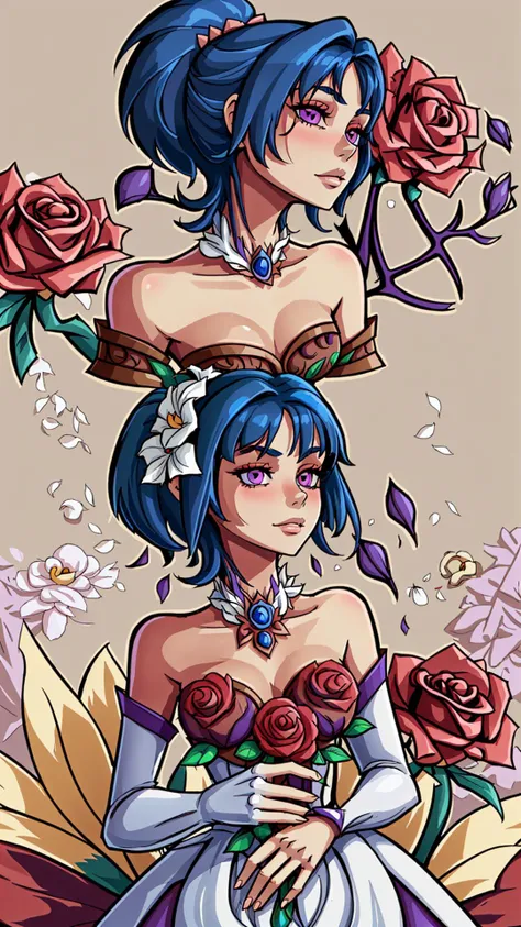 <lora:edgPetalDress:0.8> edgPetal, a woman wearing a dress made of flower petals, wearing edgPetal, garden background, red rose, rose, orchid, flower, BREAK, <lora:Ailish:0.8> ailish, purple eyes, ponytail,short hair,blue hair