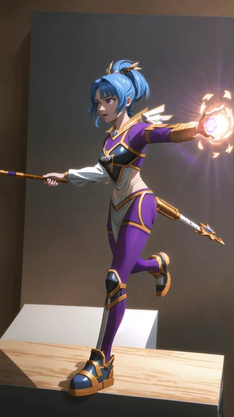 <lora:Ailish:0.8> ailish, purple eyes, ponytail, short hair, blue hair <lora:add_detail:0.3> BREAK, dynamic pose, holding mage staff, masterpiece, best quality, extremely detailed, highly quality, 4k, sharp focus, professional, sharp focus, award winning, cinematic lighting, octane render, unreal engine, volumetrics dtx, Wallpaper,