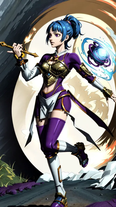<lora:Ailish:0.8> ailish, purple eyes, ponytail, short hair, blue hair <lora:add_detail:0.3> BREAK, dynamic pose, holding mage staff, masterpiece, best quality, extremely detailed, highly quality, 4k, sharp focus, professional, sharp focus, award winning, cinematic lighting, octane render, unreal engine, volumetrics dtx, Wallpaper,