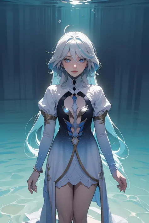 (masterpiece, best quality, beautiful and aesthetic:1.3), upper body, portrait, 1girl, solo, standing on water, focalors, heterochromia, cutout dress, long sleeves, anklet, barefoot, blue theme, looking at viewer, <lora:furina-focalors-v2d1x:1>, water, ocean