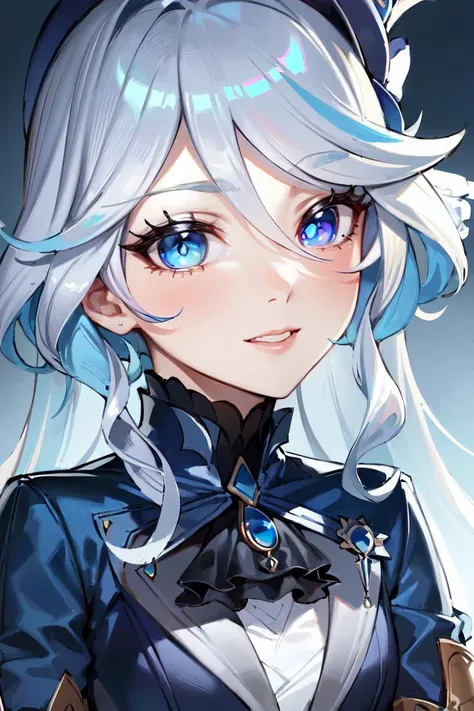 close up, <lora:furina-focalors-v2e1x:0.8>, furina, heterochromia, white shirt over shorts, white shorts, blue hat, gloves, high heels, masterpiece, best quality, anime, highly detailed face, highly detailed background, perfect lighting