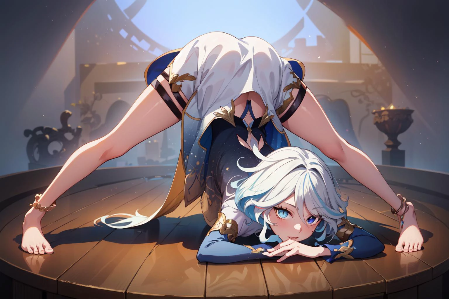 focalors, heterochromia, cutout dress, long sleeves, anklet, barefoot, <lora:furina-focalors-v2e1x:0.8>, <lora:jackOChallengePoseLora_jackoposefront:0.8> jack-o' challenge, flexible, spread legs, top-down bottom-up, masterpiece, best quality, anime, highly detailed face, highly detailed background, perfect lighting