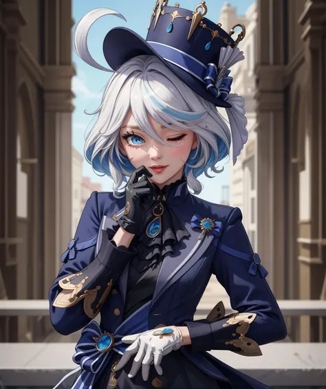 (masterpiece, best quality, detailed, ultra detailed, 8k, 4k, highres:1.2), beautiful eyes, beautiful face,
1girl, cute, kawaii, solo,
furina, heterochromia, short hair, black shorts, blue hat, gloves, high heels,( left glove is white, right glove is black), <lora:furina-focalors-v2d1x:0.8>, <lora:flat2:-0.4>, <lora:leftwink_v120:1>, one eye closed, wink, upper body