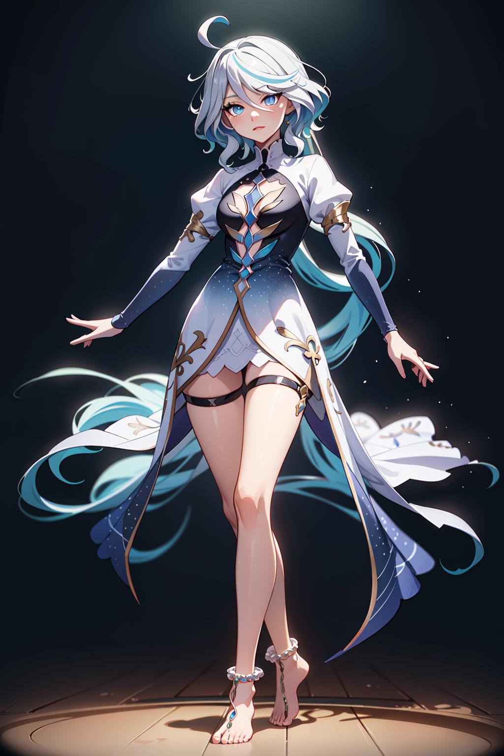 A woman in a white dress with blue hair and a sword - SeaArt AI