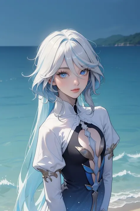 (masterpiece, best quality, beautiful and aesthetic:1.3), upper body, closeup portrait, 1girl, solo, focalors, heterochromia, cutout dress, long sleeves, anklet, barefoot, blue theme, looking at viewer, <lora:furina-focalors-v2d1x:1>, standing on water, water, sea, ocean, seawaves, beautiful face, beautiful eyes, shiny skin