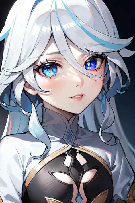 "Create a highly detailed and beautiful anime image of a solo girl with white hair and blue eyes, wearing a stylish and elegant outfit. The girl should have a sophisticated air about her, with perfect makeup, perfectly tousled white hair, and a soft, charming smile. Background elements should include luxurious fabrics, soft lighting, and a sense of elegance. The girl should be in the center of the image, with focus on the face, expression, and outfit design.