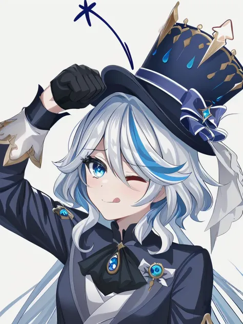 masterpiece,absurdres,white background,
upper body,eye_contact,
<lora:furina-focalors-v2e1x:0.7>,
FURINA,HETEROCHROMIA,BLUE HAT,GLOVES,HIGH HEELS,Cantonese,blue Streaked,
tehepero,dojikko pose,arm up,licking lips,one eye closed,;q,>_o,star \(symbol\),clenched hand,<lora:teehee:1.1>,