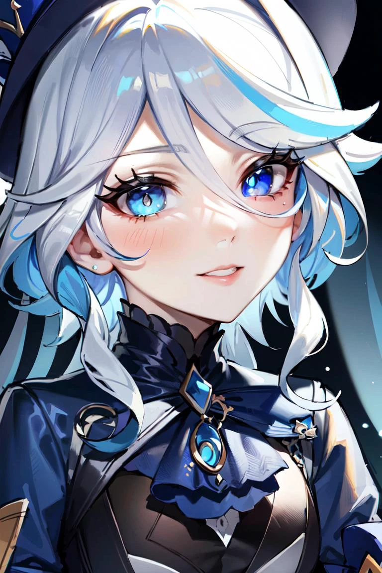 close up, <lora:furina-focalors-v2e1x:0.8>, furina, heterochromia, short hair, black shorts, blue hat, gloves, high heels, masterpiece, best quality, anime, highly detailed face, highly detailed background, perfect lighting