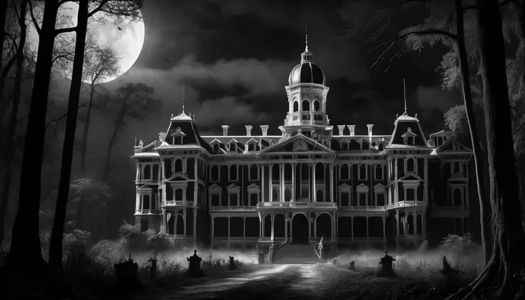 royal palace,haunted,dark night,forest, black & white, horror cgi 4k, scary color art in 4k, horror movie cinematography, insidious, la llorona, still from animated horror movie, film still from horror movie, haunted, eerie, unsettling, creepy