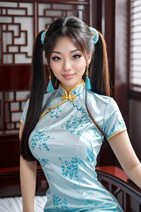 (maryleeDollStyle:0.85), (24 years old), smiling, long twintail hair, modern photo, wearing qipao, light blue short qipao, chinese clothes, chinese dress, zhonghuaniang, <lora:qipao_20240414000046:0.8>, (35mm, F/2.8) Photo Focus, DOF, Aperture, insanely detailed and intricate, character, hypermaximalist, beautiful, revealing, appealing, attractive, amative, hyper realistic, super detailed, beautiful girl, ((detailed eyes)), long eyelashes, (glossy lips), in a chinese themed room