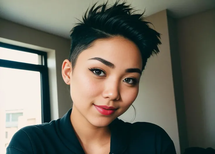 (dslr photo) of (marylee:0.99) (nonbinary) young woman, 18yo, posing for a photo, (shaved buzzed black stylish hair:1.2) with (fauxhawk:0.2), sitting on a bed, looking at the camera and smiling, (wearing a dark grey sweatshirt and bluejeans), (winking), (flirting with the camera), (highly detailed skin:1.4), colorful lighting, (bisexual lighting), photoshoot, model, film grain, kodachrome, <lora:epiNoiseoffset_v2:1>, (pores:0.4) (freckles:0.3) (wrinkles:0.1) (makeup:0.7) (interior) (punk:0.2) (goth:0.2) (hipster:0.2) (millennial:0.2)