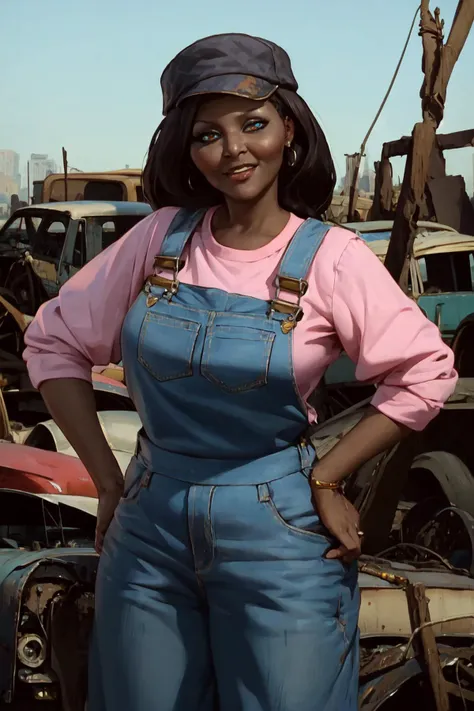 <lora:Junkyard Sal_epoch_9:0.8>, 1girl, solo, (junkyard_sal), jewelry, hat, overalls, standing in a junkyard, smile, (insanely detailed, masterpiece, detailed eyes, best quality)