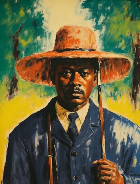 abstract art, solo, 1boy, hat, male focus, dark skin, field, old, holding, jacket, facial hair, cane, traditional media, standing, old man, dark-skinned male, black headwear,<lora:abstract art_20230824180950-000009:1>