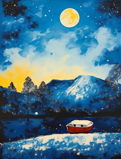 abstract art,boat,,abstract art, solo, tree, star \(sky\), 1girl, sky, nature, forest, starry sky, scenery, outdoors, moon, night, from behind, black hair, short hair, snow, standing, crescent moon <lora:abstract art_20230824180950:1>