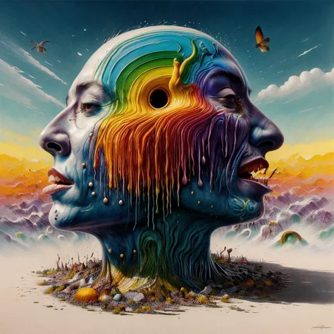 (rainbow:1.2), pride art, gay pride, colorful, Variegated splashes of color, fantastical surrealism, Midjourney Pride, (bright vibrant colors:1.2), <lora:MJ_Pride:1> hyperdetailed, hand-drawn, Maximalist masterpiece, Volumetric light, vivid color, energetic, ultra fine details. intricate illustration, minutiae, dimensional depth, optical illusion, digital oil painting, pointillism, by aaron horkey, 16k uhd, dynamic, influence by rembrant, by van gogh, stained glass rainbow ring, electric, (explosive lsd trippy color:1.2), pastel, melted, art by Rene Magritte, anime, Tsutomu Nihei, melting into a surreal psychedelic hallucination, screenprint by kawase hasui, (moebius:1.1), by James Gilleard, Steven Outram, colorful flat (surreal:1.1) design, hd, 8k, an (impressionistic artwork LSD Trip:1.1), colorful sky, (little birds:1.2), butterfly, (surreal:1.2) and majestic atmosphere, 32K artistic photography, beautiful composition, trending on artstation, award-winning photograph, masterpiece, (by Kim Keever:1.1), (by hieronymus bosch, by salvador dali:1.2), (by Zdzislaw Beksinski:1.1), by edvard munch, rhads, by Bruce Pennington, by Studio Ghibli, by tim hildebrandt, (disembodied face, gore, flesh, horror, disfigured face, mutant, mutating, unnatural, deformed, disgusting, peeling flesh, melting face, surrealist, decay:1.5), attack on titan