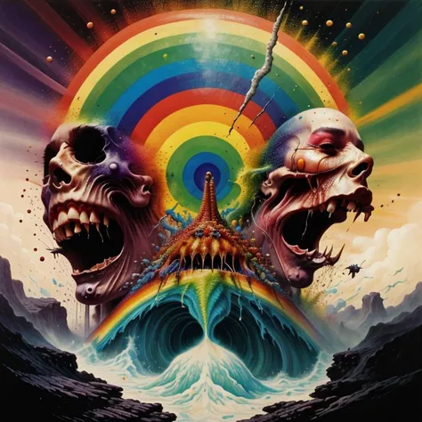 (rainbow:1.2), pride art, gay pride, colorful, Variegated splashes of color, fantastical surrealism, Midjourney Pride, (bright vibrant colors:1.2), <lora:MJ_Pride:1> hyperdetailed, hand-drawn, Maximalist masterpiece, Volumetric light, vivid color, energetic, ultra fine details. intricate illustration, minutiae, dimensional depth, optical illusion, digital oil painting, pointillism, by aaron horkey, 16k uhd, dynamic, influence by rembrant, by van gogh, stained glass rainbow ring, electric, (explosive lsd trippy color:1.2), pastel, melted, art by Rene Magritte, anime, Tsutomu Nihei, melting into a surreal psychedelic hallucination, screenprint by kawase hasui, (moebius:1.1), by James Gilleard, Steven Outram, colorful flat (surreal:1.1) design, hd, 8k, an (impressionistic artwork LSD Trip:1.1), colorful sky, (little birds:1.2), butterfly, (surreal:1.2) and majestic atmosphere, 32K artistic photography, beautiful composition, trending on artstation, award-winning photograph, masterpiece, (by Kim Keever:1.1), (by hieronymus bosch, by salvador dali:1.2), (by Zdzislaw Beksinski:1.1), by edvard munch, rhads, by Bruce Pennington, by Studio Ghibli, by tim hildebrandt, (disembodied face, gore, flesh, horror, disfigured face, mutant, mutating, unnatural, deformed, disgusting, peeling flesh, melting face, surrealist, decay:1.5), attack on titan
