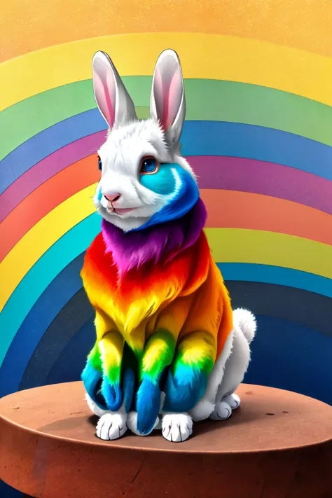 <lora:MJ_Pride:1> Midjourney Pride, solo, blue eyes, sitting, full body, gradient, no humans, animal, rabbit, animal focus, rainbow, colorful, rainbow hair