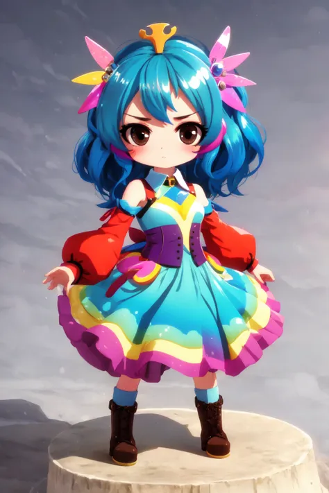 <lora:MJ_Pride:1> Midjourney Pride, 1girl, solo, long hair, breasts, looking at viewer, blush, hair ornament, dress, bare shoulders, brown eyes, blue hair, standing, full body, boots, chibi, detached collar, facial mark, blue footwear