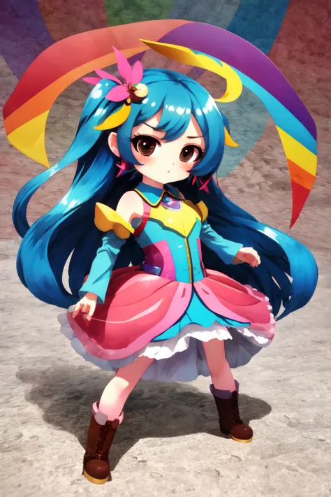 <lora:MJ_Pride:1> Midjourney Pride, 1girl, solo, long hair, breasts, looking at viewer, blush, hair ornament, dress, bare shoulders, brown eyes, blue hair, standing, full body, boots, chibi, detached collar, facial mark, blue footwear