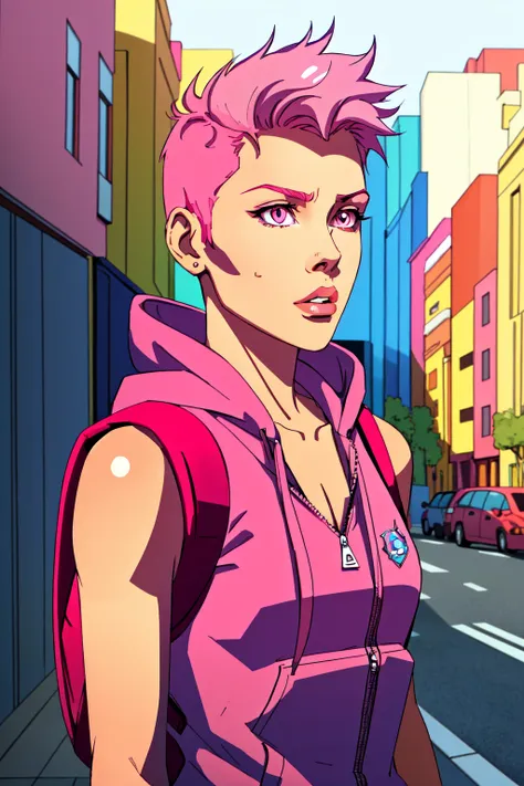 <lora:MJ_Pride:0.6> Midjourney Pride, 1girl, solo, short hair, collarbone, upper body, pink hair, parted lips, sleeveless, hood, pink eyes, hoodie, backpack