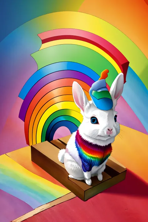 <lora:MJ_Pride:1> Midjourney Pride, solo, blue eyes, sitting, full body, gradient, no humans, animal, rabbit, animal focus, rainbow, colorful, rainbow hair