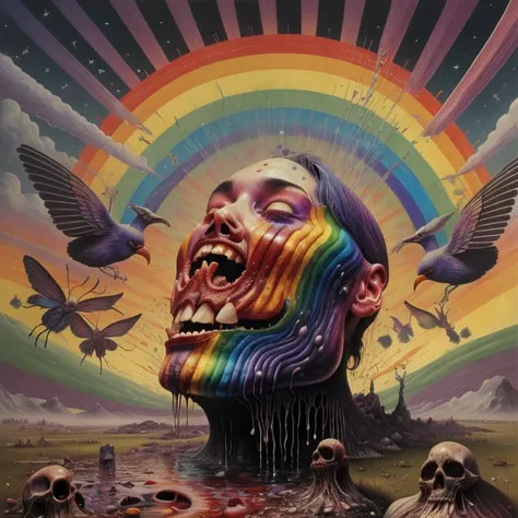 (rainbow:1.2), pride art, gay pride, colorful, Variegated splashes of color, fantastical surrealism, Midjourney Pride, (bright vibrant colors:1.2), <lora:MJ_Pride:1> hyperdetailed, hand-drawn, Maximalist masterpiece, Volumetric light, vivid color, energetic, ultra fine details. intricate illustration, minutiae, dimensional depth, optical illusion, digital oil painting, pointillism, by aaron horkey, 16k uhd, dynamic, influence by rembrant, by van gogh, stained glass rainbow ring, electric, (explosive lsd trippy color:1.2), pastel, melted, art by Rene Magritte, anime, Tsutomu Nihei, melting into a surreal psychedelic hallucination, screenprint by kawase hasui, (moebius:1.1), by James Gilleard, Steven Outram, colorful flat (surreal:1.1) design, hd, 8k, an (impressionistic artwork LSD Trip:1.1), colorful sky, (little birds:1.2), butterfly, (surreal:1.2) and majestic atmosphere, 32K artistic photography, beautiful composition, trending on artstation, award-winning photograph, masterpiece, (by Kim Keever:1.1), (by hieronymus bosch, by salvador dali:1.2), (by Zdzislaw Beksinski:1.1), by edvard munch, rhads, by Bruce Pennington, by Studio Ghibli, by tim hildebrandt, (disembodied face, gore, flesh, horror, disfigured face, mutant, unnatural, deformed, disgusting:1.5)