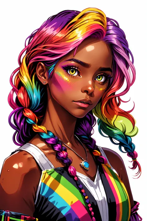 Midjourney Pride, 1girl, solo, long hair, looking at viewer, bare shoulders, jewelry, closed mouth, green eyes, yellow eyes, upper body, pink hair, purple hair, braid, multicolored hair, dark skin, necklace, twin braids, dark-skinned female, lips, heterochromia,  <lora:MJ_Pride:0.75>