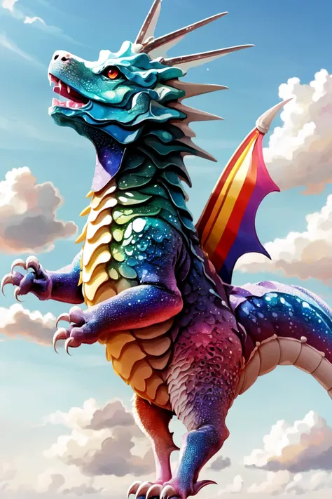 <lora:MJ_Pride:1> Midjourney Pride, open mouth, tail, outdoors, sky, day, cloud, blurry, blue sky, no humans, cloudy sky, sharp teeth, claws, flying, dragon, scales