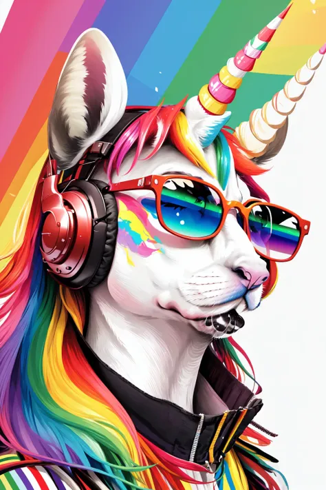 <lora:MJ_Pride:1> Midjourney Pride, solo, simple background, white background, multicolored hair, horns, glasses, no humans, headphones, animal, sunglasses, feathers, single horn, animal focus, rainbow, colorful, unicorn, rainbow hair