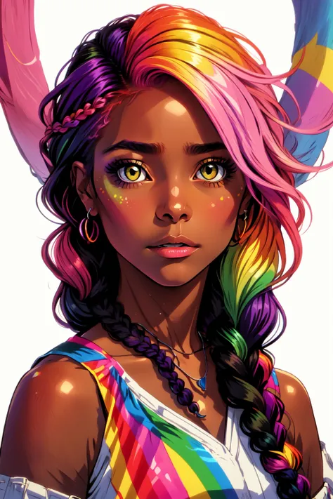 Midjourney Pride, 1girl, solo, long hair, looking at viewer, bare shoulders, jewelry, closed mouth, green eyes, yellow eyes, upper body, pink hair, purple hair, braid, multicolored hair, dark skin, necklace, twin braids, dark-skinned female, lips, heterochromia,  <lora:MJ_Pride:0.75>