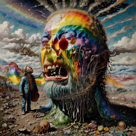 (rainbow:1.2), pride art, gay pride, colorful, Variegated splashes of color, fantastical surrealism, Midjourney Pride, (bright vibrant colors:1.2), <lora:MJ_Pride:1> hyperdetailed, hand-drawn, Maximalist masterpiece, Volumetric light, vivid color, energetic, ultra fine details. intricate illustration, minutiae, dimensional depth, optical illusion, digital oil painting, pointillism, by aaron horkey, 16k uhd, dynamic, influence by rembrant, by van gogh, stained glass rainbow ring, electric, (explosive lsd trippy color:1.2), pastel, melted, art by Rene Magritte, anime, Tsutomu Nihei, melting into a surreal psychedelic hallucination, screenprint by kawase hasui, (moebius:1.1), by James Gilleard, Steven Outram, colorful flat (surreal:1.1) design, hd, 8k, an (impressionistic artwork LSD Trip:1.1), colorful sky, (little birds:1.2), butterfly, (surreal:1.2) and majestic atmosphere, 32K artistic photography, beautiful composition, trending on artstation, award-winning photograph, masterpiece, (by Kim Keever:1.1), (by hieronymus bosch, by salvador dali:1.2), (by Zdzislaw Beksinski:1.1), by edvard munch, rhads, by Bruce Pennington, by Studio Ghibli, by tim hildebrandt, (disembodied face, gore, flesh, horror, disfigured face, mutant, mutating, unnatural, deformed, disgusting, peeling flesh, melting face, surrealist, decay:1.5), BREAK (disembodied head chewing up little people and spitting them out:1.5), (spitting out corpses:1.3)