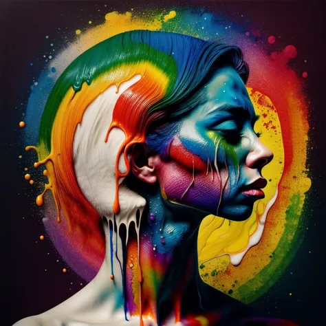 (rainbow:1.2), pride art, gay pride, colorful, Variegated splashes of color, fantastical surrealism, Midjourney Pride, (bright vibrant colors:1.2), <lora:MJ_Pride:1> hyperdetailed, hand-drawn, Maximalist masterpiece, Volumetric light, vivid color, energetic, ultra fine details. intricate illustration, minutiae, dimensional depth, optical illusion, digital oil painting, pointillism, by aaron horkey, 16k uhd, dynamic, influence by rembrant, by van gogh, stained glass rainbow ring, electric, (explosive lsd trippy color:1.2), pastel, melted, art by Rene Magritte, anime, Tsutomu Nihei, melting into a surreal psychedelic hallucination, screenprint by kawase hasui, (moebius:1.1), by James Gilleard, Steven Outram, colorful flat (surreal:1.1) design, hd, 8k, an (impressionistic artwork LSD Trip:1.1), colorful sky, (little birds:1.2), butterfly, (surreal:1.2) and majestic atmosphere, 32K artistic photography, beautiful composition, trending on artstation, award-winning photograph, masterpiece, (by Kim Keever:1.1), (by hieronymus bosch, by salvador dali:1.2), (by Zdzislaw Beksinski:1.1), by edvard munch, rhads, by Bruce Pennington, by Studio Ghibli, by tim hildebrandt, (disembodied face, gore, flesh, horror, disfigured face, mutant, mutating, unnatural, deformed, disgusting, peeling flesh, melting face, surrealist, decay:1.5), attack on titan