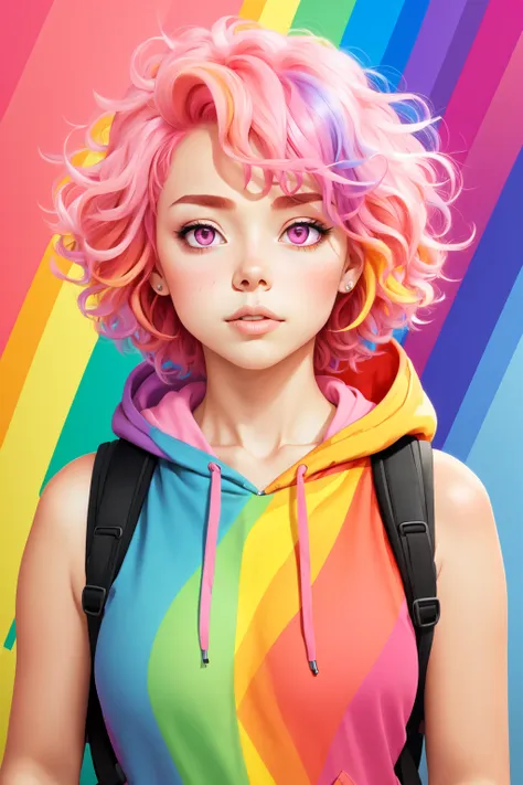 <lora:MJ_Pride:0.6> Midjourney Pride, 1girl, solo, medium hair, curly hair,  collarbone, upper body,  mature, large breasts, specular highlights, pink hair, parted lips, sleeveless, hood, pink eyes, hoodie, backpack, rainbow background, rainbow theme