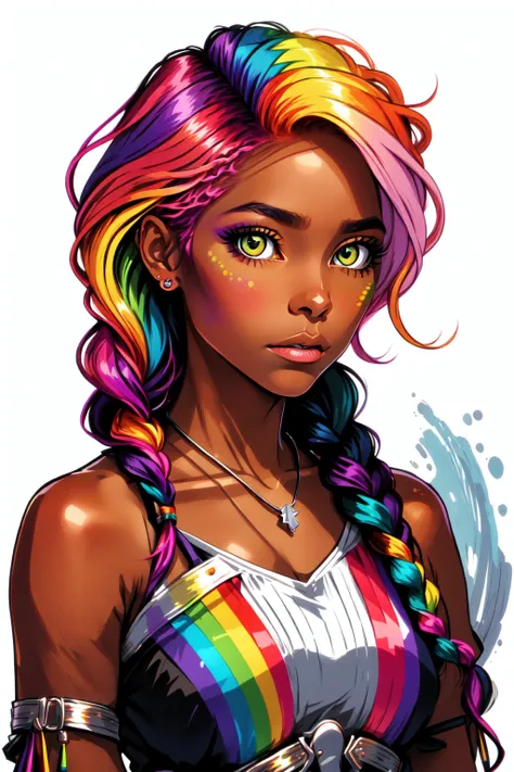 Midjourney Pride, 1girl, solo, long hair, looking at viewer, bare shoulders, jewelry, closed mouth, green eyes, yellow eyes, upper body, pink hair, purple hair, braid, multicolored hair, dark skin, necklace, twin braids, dark-skinned female, lips, heterochromia,  <lora:MJ_Pride:0.75>