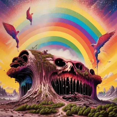 (rainbow:1.2), pride art, gay pride, colorful, Variegated splashes of color, fantastical surrealism, Midjourney Pride, (bright vibrant colors:1.2), <lora:MJ_Pride:1> hyperdetailed, hand-drawn, Maximalist masterpiece, Volumetric light, vivid color, energetic, ultra fine details. intricate illustration, minutiae, dimensional depth, optical illusion, digital oil painting, pointillism, by aaron horkey, 16k uhd, dynamic, influence by rembrant, by van gogh, stained glass rainbow ring, electric, (explosive lsd trippy color:1.2), pastel, melted, art by Rene Magritte, anime, Tsutomu Nihei, melting into a surreal psychedelic hallucination, screenprint by kawase hasui, (moebius:1.1), by James Gilleard, Steven Outram, colorful flat (surreal:1.1) design, hd, 8k, an (impressionistic artwork LSD Trip:1.1), colorful sky, (little birds:1.2), butterfly, (surreal:1.2) and majestic atmosphere, 32K artistic photography, beautiful composition, trending on artstation, award-winning photograph, masterpiece, (by Kim Keever:1.1), (by hieronymus bosch, by salvador dali:1.2), (by Zdzislaw Beksinski:1.1), by edvard munch, rhads, by Bruce Pennington, by Studio Ghibli, by tim hildebrandt, (disembodied face, gore, flesh, horror, disfigured face, mutant, mutating, unnatural, deformed, disgusting, peeling flesh, melting face, surrealist, decay:1.5), attack on titan