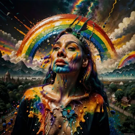 (rainbow:1.2), pride art, gay pride, colorful, Variegated splashes of color, fantastical surrealism, Midjourney Pride, (bright vibrant colors:1.2), <lora:MJ_Pride:1> hyperdetailed, hand-drawn, Maximalist masterpiece, Volumetric light, vivid color, energetic, ultra fine details. intricate illustration, minutiae, dimensional depth, optical illusion, digital oil painting, pointillism, by aaron horkey, 16k uhd, dynamic, influence by rembrant, by van gogh, stained glass rainbow ring, electric, (explosive lsd trippy color:1.2), pastel, melted, art by Rene Magritte, anime, Tsutomu Nihei, melting into a surreal psychedelic hallucination, screenprint by kawase hasui, (moebius:1.1), by James Gilleard, Steven Outram, colorful flat (surreal:1.1) design, hd, 8k, an (impressionistic artwork LSD Trip:1.1), colorful sky, (little birds:1.2), butterfly, (surreal:1.2) and majestic atmosphere, 32K artistic photography, beautiful composition, trending on artstation, award-winning photograph, masterpiece, (by Kim Keever:1.1), (by hieronymus bosch, by salvador dali:1.2), (by Zdzislaw Beksinski:1.1), by edvard munch, rhads, by Bruce Pennington, by Studio Ghibli, by tim hildebrandt, (disembodied face, gore, flesh, horror, disfigured face, mutant, unnatural, deformed, disgusting:1.5)