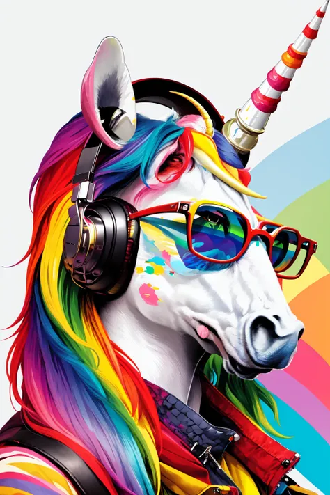 <lora:MJ_Pride:1> Midjourney Pride, solo, simple background, white background, multicolored hair, horns, glasses, no humans, headphones, animal, sunglasses, feathers, single horn, animal focus, rainbow, colorful, unicorn, rainbow hair