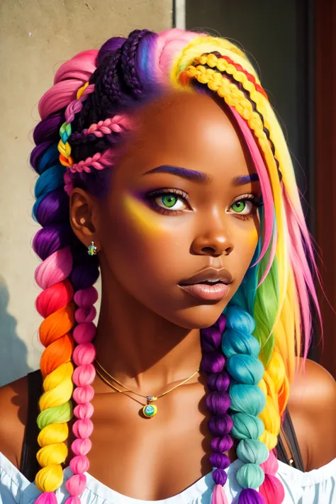 <lora:MJ_Pride:0.75> Midjourney Pride, 1girl, solo, long hair, looking at viewer, bare shoulders, jewelry, closed mouth, green eyes, yellow eyes, upper body, pink hair, purple hair, braid, multicolored hair, dark skin, necklace, twin braids, dark-skinned female, lips, heterochromia, realistic