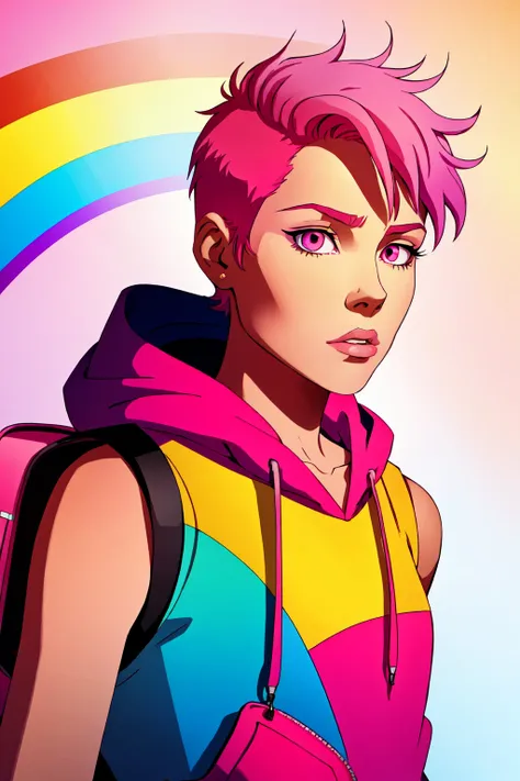 <lora:MJ_Pride:0.6> Midjourney Pride, 1girl, solo, short hair, collarbone, upper body, pink hair, parted lips, sleeveless, hood, pink eyes, hoodie, backpack, rainbow background, rainbow theme