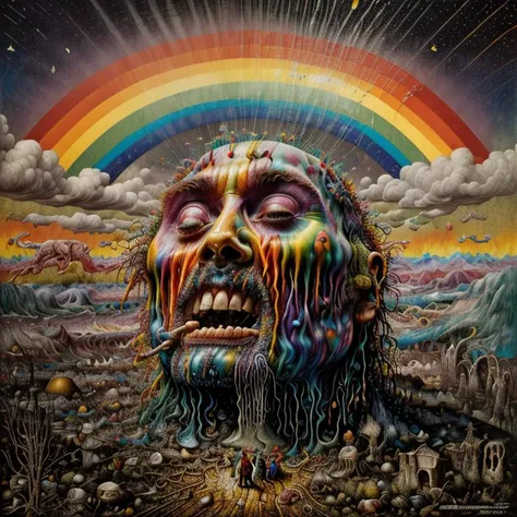 (rainbow:1.2), pride art, gay pride, colorful, Variegated splashes of color, fantastical surrealism, Midjourney Pride, (bright vibrant colors:1.2), <lora:MJ_Pride:1> hyperdetailed, hand-drawn, Maximalist masterpiece, Volumetric light, vivid color, energetic, ultra fine details. intricate illustration, minutiae, dimensional depth, optical illusion, digital oil painting, pointillism, by aaron horkey, 16k uhd, dynamic, influence by rembrant, by van gogh, stained glass rainbow ring, electric, (explosive lsd trippy color:1.2), pastel, melted, art by Rene Magritte, anime, Tsutomu Nihei, melting into a surreal psychedelic hallucination, screenprint by kawase hasui, (moebius:1.1), by James Gilleard, Steven Outram, colorful flat (surreal:1.1) design, hd, 8k, an (impressionistic artwork LSD Trip:1.1), colorful sky, (little birds:1.2), butterfly, (surreal:1.2) and majestic atmosphere, 32K artistic photography, beautiful composition, trending on artstation, award-winning photograph, masterpiece, (by Kim Keever:1.1), (by hieronymus bosch, by salvador dali:1.2), (by Zdzislaw Beksinski:1.1), by edvard munch, rhads, by Bruce Pennington, by Studio Ghibli, by tim hildebrandt, (disembodied face, gore, flesh, horror, disfigured face, mutant, mutating, unnatural, deformed, disgusting, peeling flesh, melting face, surrealist, decay:1.5), BREAK (disembodied head chewing up little people and spitting them out:1.3),