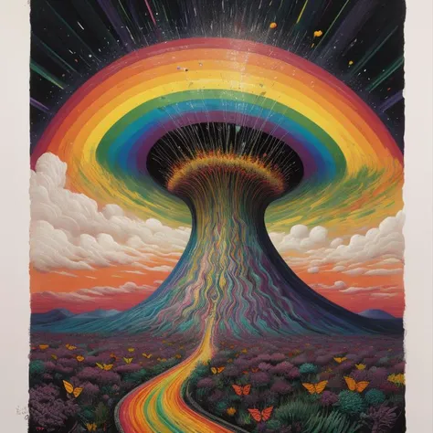 (rainbow:1.2), pride art, gay pride, colorful, Variegated splashes of color, fantastical surrealism, Midjourney Pride, (white background:1.2), (bright vibrant colors:1.2), <lora:MJ_Pride:1> hyperdetailed, hand-drawn, Maximalist masterpiece, Volumetric light, vivid color, energetic, ultra fine details. intricate illustration, minutiae, dimensional depth, optical illusion, digital oil painting, pointillism, by aaron horkey, 16k uhd, dynamic, influence by rembrant, by van gogh, stained glass rainbow ring, electric, (explosive lsd trippy color:1.2), pastel, melted, art by Rene Magritte, anime, Tsutomu Nihei, melting into a surreal psychedelic hallucination, screenprint by kawase hasui, moebius, Edward Hopper and James Gilleard, Zdzislaw Beksinski, Steven Outram, colorful flat surreal design, hd, 8k, an (impressionistic artwork LSD Trip:1.1), colorful sky, (little birds:1.2), butterfly, surreal and majestic atmosphere, rhads, by Bruce Pennington, by Studio Ghibli, by tim hildebrandt, 32K artistic photography, beautiful composition, trending on artstation, award-winning photograph, masterpiece, (by Kim Keever:1.1)