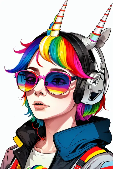 <lora:MJ_Pride:1> Midjourney Pride, solo, simple background, white background, multicolored hair, horns, glasses, no humans, headphones, animal, sunglasses, feathers, single horn, animal focus, rainbow, colorful, unicorn, rainbow hair