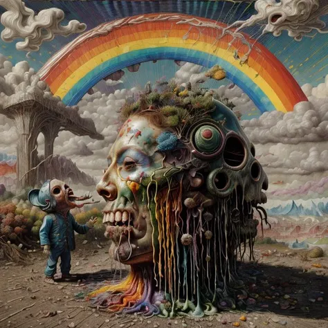 (rainbow:1.2), pride art, gay pride, colorful, Variegated splashes of color, fantastical surrealism, Midjourney Pride, (bright vibrant colors:1.2), <lora:MJ_Pride:1> hyperdetailed, hand-drawn, Maximalist masterpiece, Volumetric light, vivid color, energetic, ultra fine details. intricate illustration, minutiae, dimensional depth, optical illusion, digital oil painting, pointillism, by aaron horkey, 16k uhd, dynamic, influence by rembrant, by van gogh, stained glass rainbow ring, electric, (explosive lsd trippy color:1.2), pastel, melted, art by Rene Magritte, anime, Tsutomu Nihei, melting into a surreal psychedelic hallucination, screenprint by kawase hasui, (moebius:1.1), by James Gilleard, Steven Outram, colorful flat (surreal:1.1) design, hd, 8k, an (impressionistic artwork LSD Trip:1.1), colorful sky, (little birds:1.2), butterfly, (surreal:1.2) and majestic atmosphere, 32K artistic photography, beautiful composition, trending on artstation, award-winning photograph, masterpiece, (by Kim Keever:1.1), (by hieronymus bosch, by salvador dali:1.2), (by Zdzislaw Beksinski:1.1), by edvard munch, rhads, by Bruce Pennington, by Studio Ghibli, by tim hildebrandt, (disembodied face, gore, flesh, horror, disfigured face, mutant, mutating, unnatural, deformed, disgusting, peeling flesh, melting face, surrealist, decay:1.5), BREAK (disembodied head chewing up little people and spitting them out:1.6), (spitting out corpses:1.6)