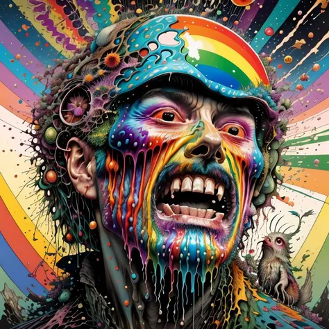 (rainbow:1.2), pride art, gay pride, colorful, Variegated splashes of color, fantastical surrealism, Midjourney Pride, (bright vibrant colors:1.2), <lora:MJ_Pride:1> hyperdetailed, hand-drawn, Maximalist masterpiece, Volumetric light, vivid color, energetic, ultra fine details. intricate illustration, minutiae, dimensional depth, optical illusion, digital oil painting, pointillism, by aaron horkey, 16k uhd, dynamic, influence by rembrant, by van gogh, stained glass rainbow ring, electric, (explosive lsd trippy color:1.2), pastel, melted, art by Rene Magritte, anime, Tsutomu Nihei, melting into a surreal psychedelic hallucination, screenprint by kawase hasui, (moebius:1.1), by James Gilleard, Steven Outram, colorful flat (surreal:1.1) design, hd, 8k, an (impressionistic artwork LSD Trip:1.1), colorful sky, (little birds:1.2), butterfly, (surreal:1.2) and majestic atmosphere, 32K artistic photography, beautiful composition, trending on artstation, award-winning photograph, masterpiece, (by Kim Keever:1.1), (by hieronymus bosch, by salvador dali:1.2), (by Zdzislaw Beksinski:1.1), by edvard munch, rhads, by Bruce Pennington, by Studio Ghibli, by tim hildebrandt, (disembodied face, gore, flesh, horror, disfigured face, mutant, mutating, unnatural, deformed, disgusting, peeling flesh, melting face, surrealist, decay:1.5), (disembodied head chewing up little people and spitting them out:1.3), attack on titan