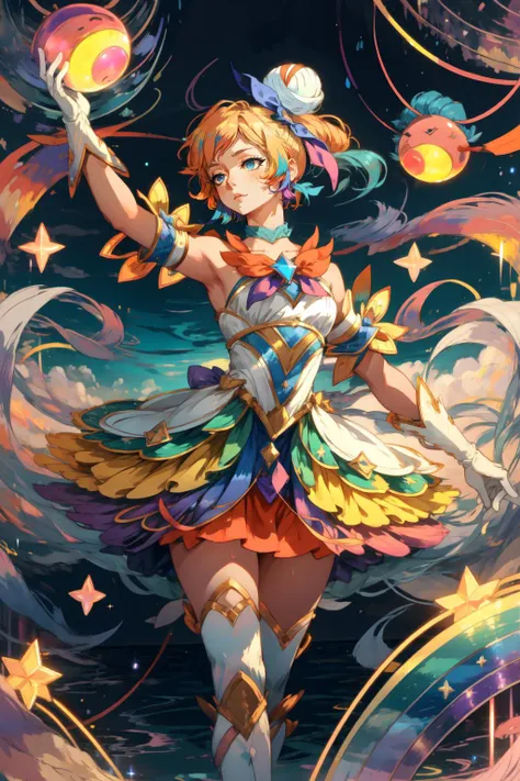 (masterpiece, best quality), intricate details,
1girl, <lora:StarGuardian_Sera_Ori:0.8> star guardian seraphine, blonde hair, orange hair, multicolored hair, multicolored clothes, dress, hair bow, detached sleeves, magical girl, star guardian orianna, blue hair, hair bun, ballerina, short dress, white gloves,
<lora:MJ_Pride:0.8> Midjourney Pride, <lora:GoodHands-vanilla:0.6> rainbow-candy