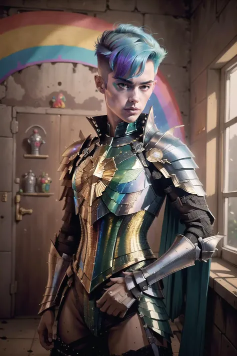 (2boys:1.3), (masterpiece, best_quality, ultra-detailed, immaculate:1.3), epic, illustration, antipaladin villainess, (armor:1.3), pauldrons, rainbow hair with multicolor highlights, bob cut,Emo Cut, standing on one leg, in a harrowing jail cell, on Mars, bombshell hair, matte sea green hair, twin drills,Gibson Tuck, scorpion pose<lyco:MJ_Pride:1>