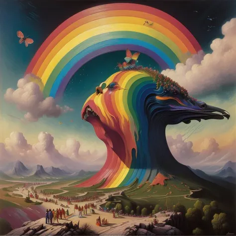 (rainbow:1.2), pride art, gay pride, colorful, Variegated splashes of color, fantastical surrealism, Midjourney Pride, (bright vibrant colors:1.2), <lora:MJ_Pride:1> hyperdetailed, hand-drawn, Maximalist masterpiece, Volumetric light, vivid color, energetic, ultra fine details. intricate illustration, minutiae, dimensional depth, optical illusion, digital oil painting, pointillism, by aaron horkey, 16k uhd, dynamic, influence by rembrant, by van gogh, stained glass rainbow ring, electric, (explosive lsd trippy color:1.2), pastel, melted, art by Rene Magritte, anime, Tsutomu Nihei, melting into a surreal psychedelic hallucination, screenprint by kawase hasui, (moebius:1.1), by James Gilleard, Steven Outram, colorful flat (surreal:1.1) design, hd, 8k, an (impressionistic artwork LSD Trip:1.1), colorful sky, (little birds:1.2), butterfly, (surreal:1.2) and majestic atmosphere, 32K artistic photography, beautiful composition, trending on artstation, award-winning photograph, masterpiece, (by Kim Keever:1.1), (by hieronymus bosch, by salvador dali:1.2), (by Zdzislaw Beksinski:1.1), by edvard munch, rhads, by Bruce Pennington, by Studio Ghibli, by tim hildebrandt