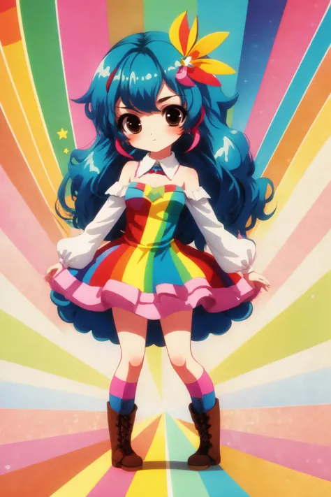 <lora:MJ_Pride:1> Midjourney Pride, 1girl, solo, long hair, breasts, looking at viewer, blush, hair ornament, dress, bare shoulders, brown eyes, blue hair, standing, full body, boots, chibi, detached collar, facial mark, blue footwear